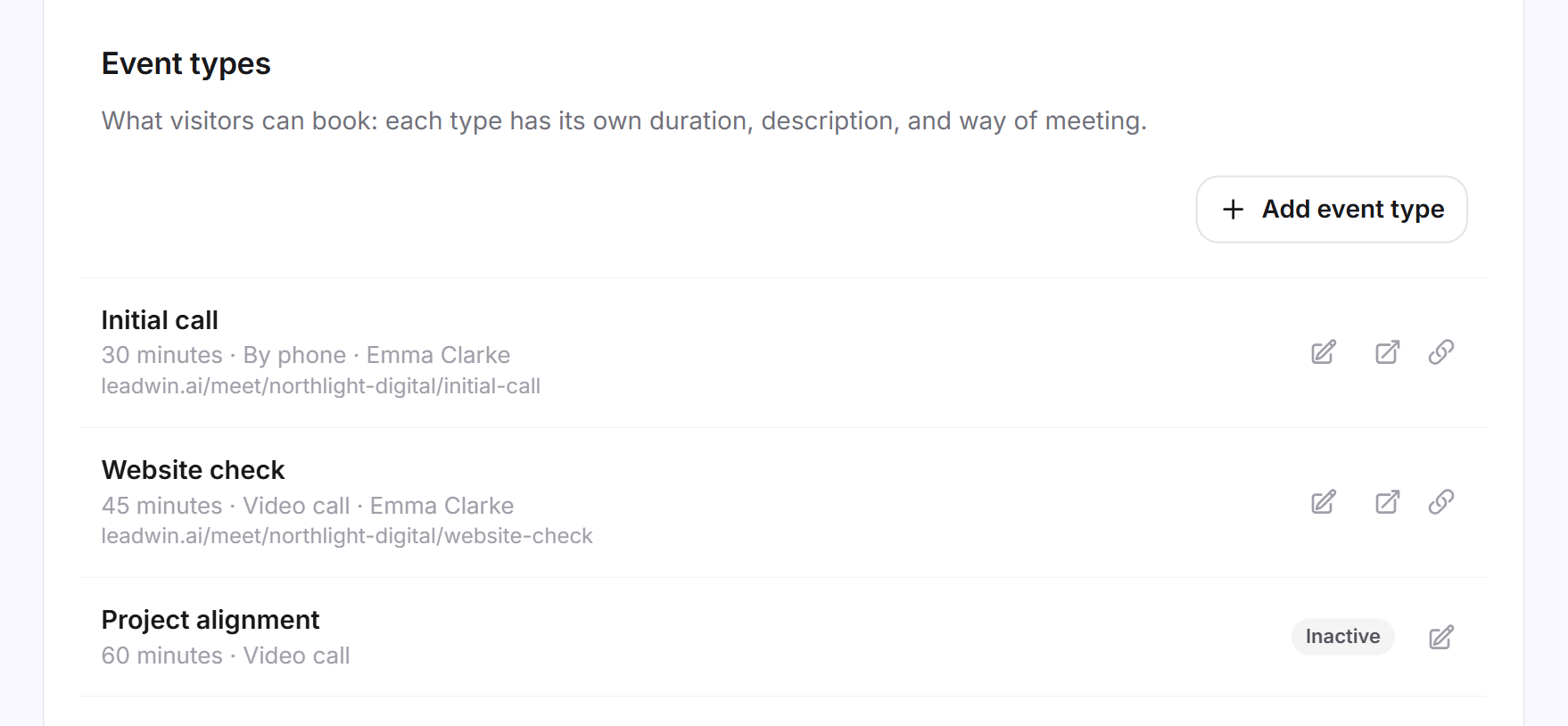 The Event types card with three entries: Initial call, Website check and an inactive Project alignment type