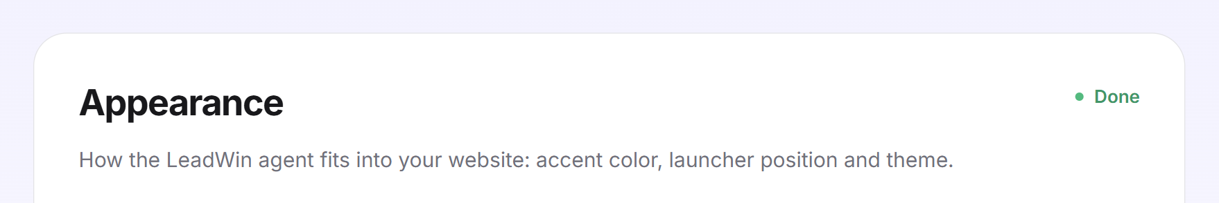 The header of the Appearance card with title, introduction and the status Done