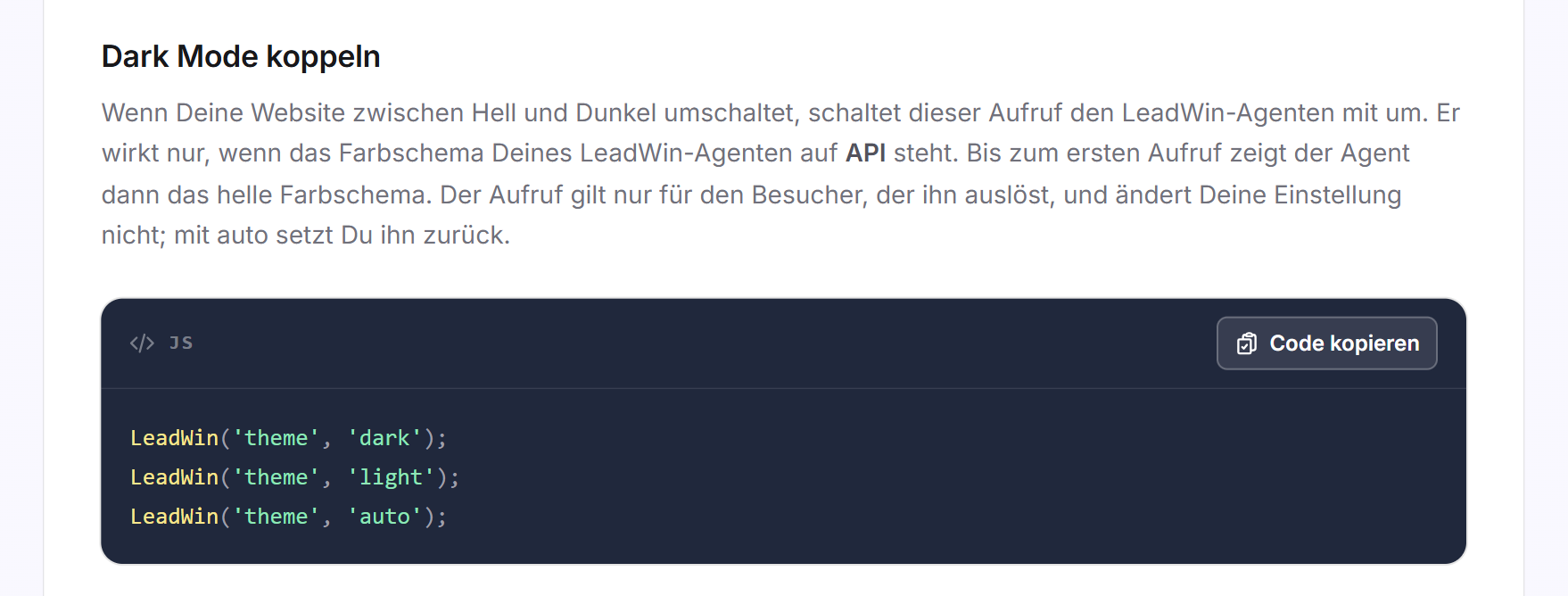 Die Karte Dark Mode koppeln mit drei Beispielen für den Befehl theme