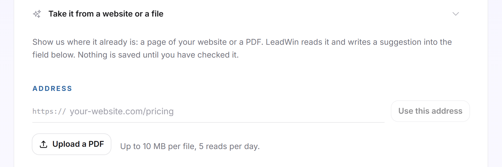 The expanded section Take it from a website or a file with the address field, the Use this address button, the Upload a PDF button and the limit of 10 MB and 5 reads per day