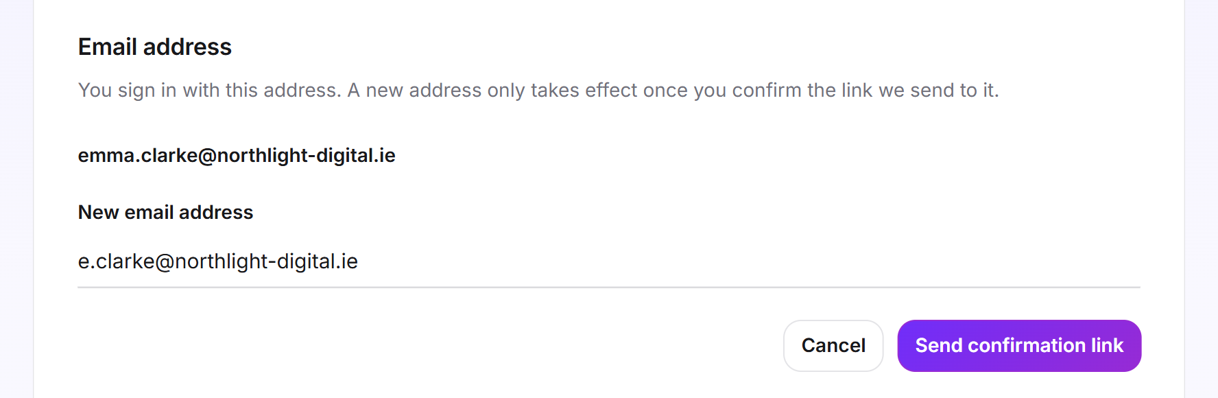 La carte Adresse e-mail avec le champ Nouvelle adresse e-mail et les boutons Annuler et Envoyer le lien de confirmation