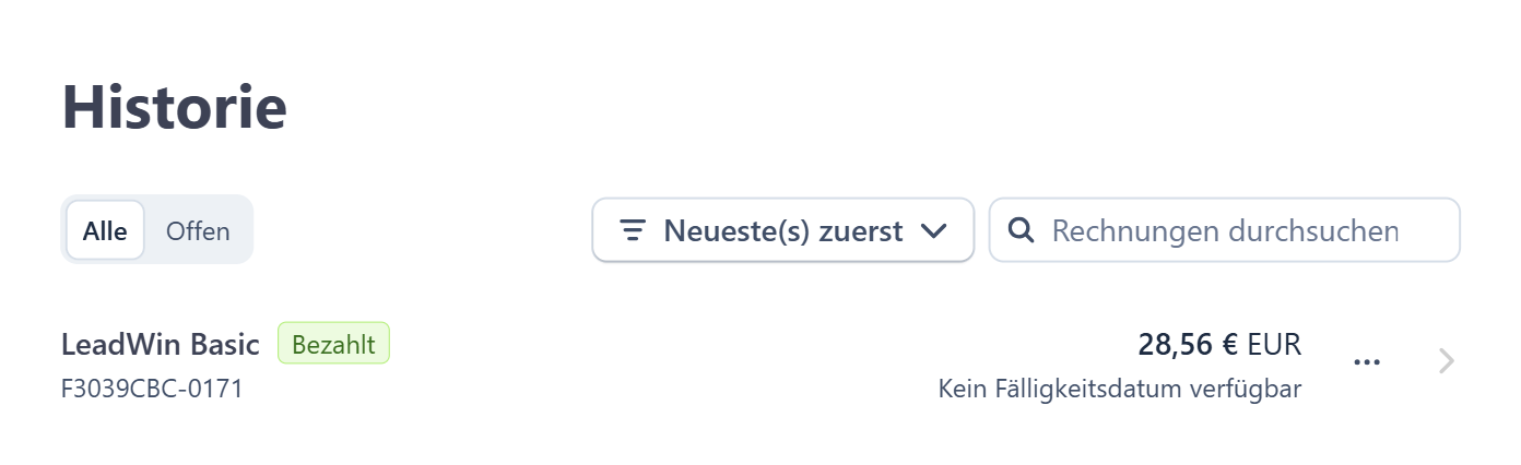 Die Historie im Kundenportal mit einer bezahlten Rechnung für LeadWin Basic