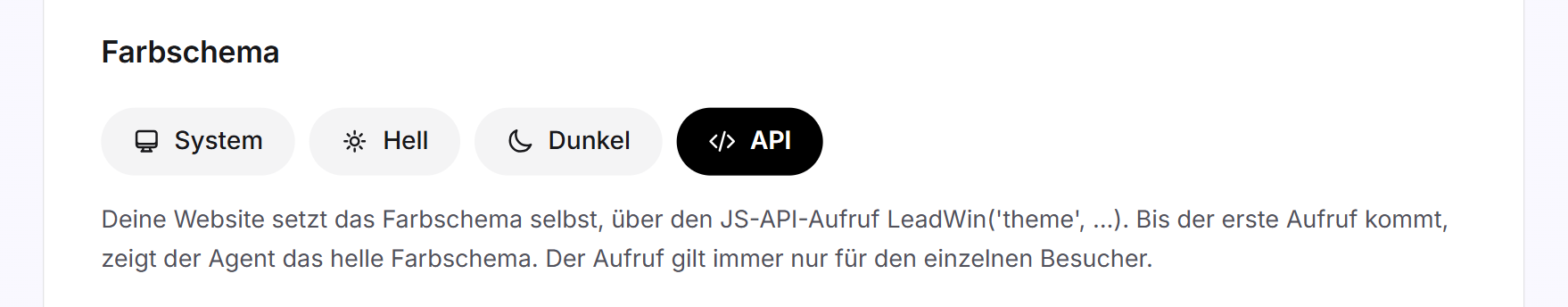 Die vier Kacheln unter Farbschema, die Kachel API ist gewählt und darunter steht ihr Hinweis