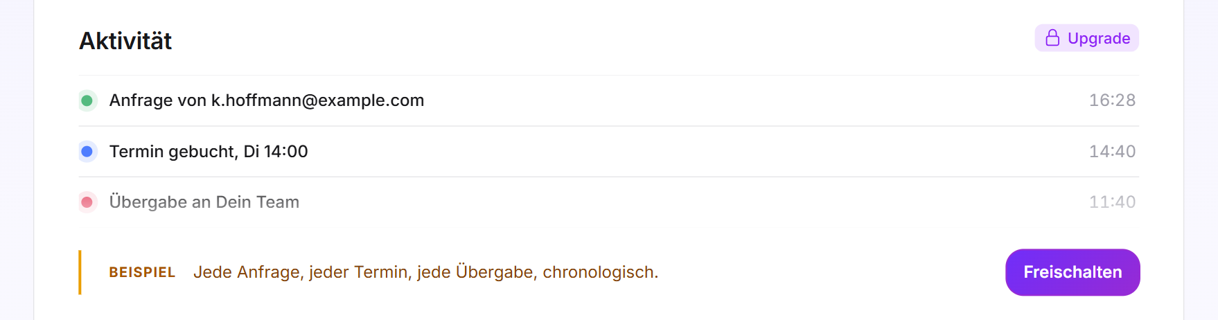 Die gesperrte Karte Aktivität mit drei Beispieleinträgen und der Schaltfläche Freischalten