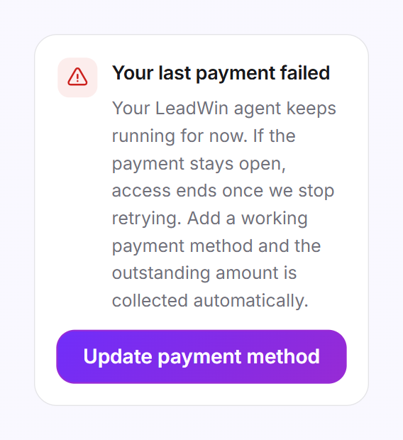 The red card Your last payment failed with an explanation and the Update payment method button
