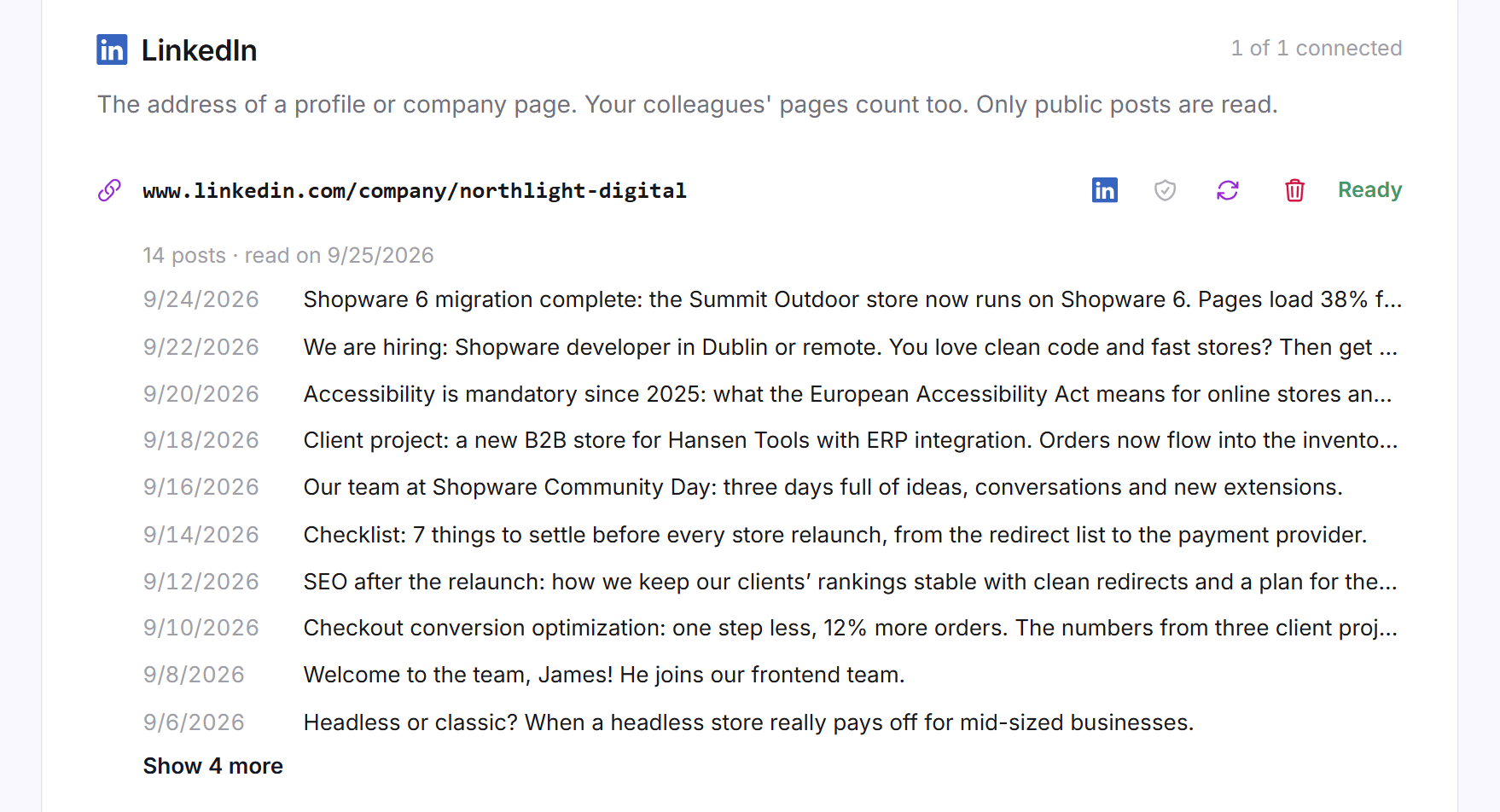 The LinkedIn block with a connected company page, the four icons, the status Ready, the line 14 posts and the first ten posts