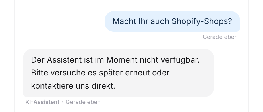 Eine Besucherfrage und darunter die Meldung Der Assistent ist im Moment nicht verfügbar
