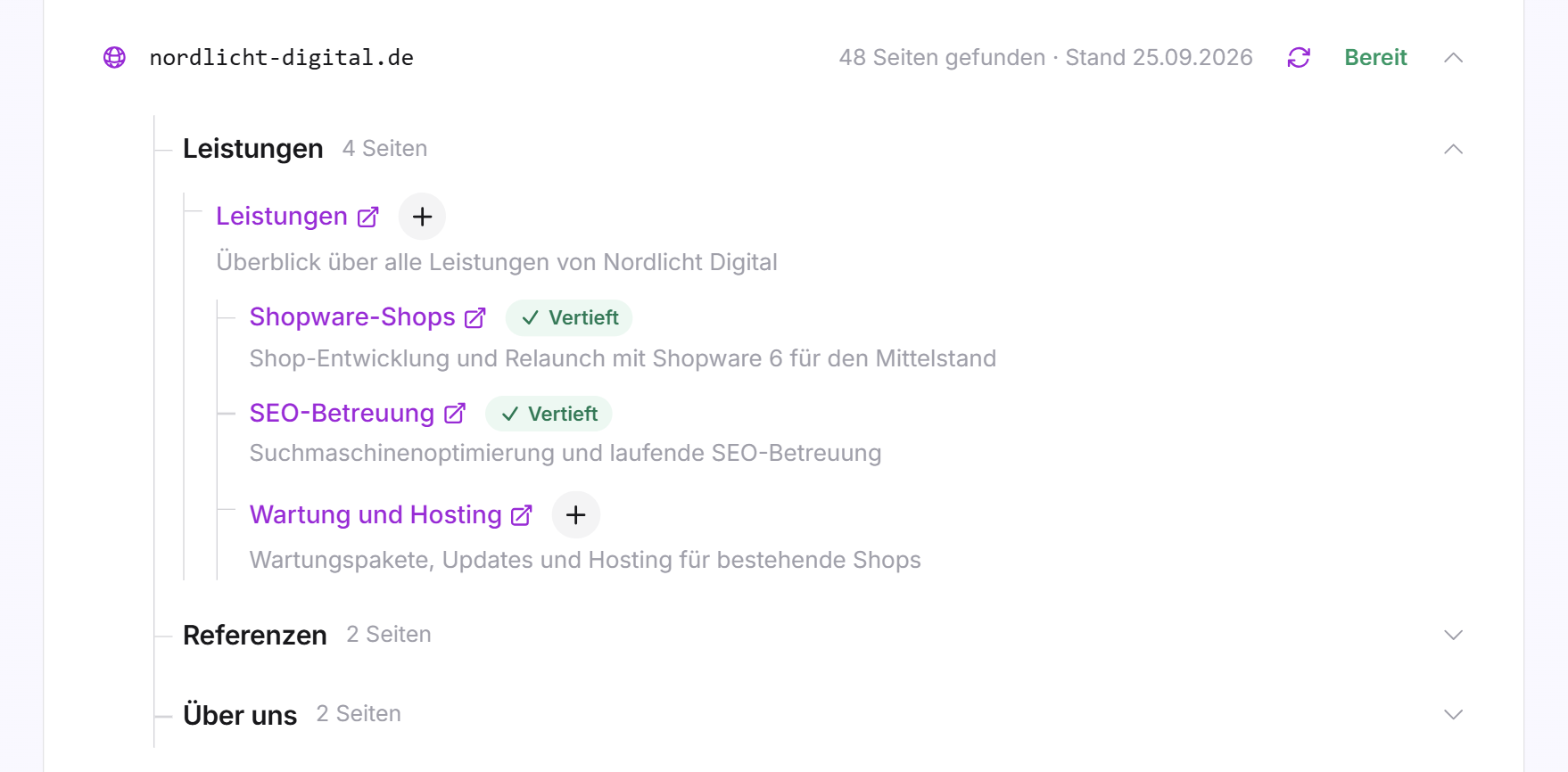 Eine aufgeklappte Sitemap mit Seitengruppen, der Schaltfläche Vertiefen und dem Kennzeichen Vertieft