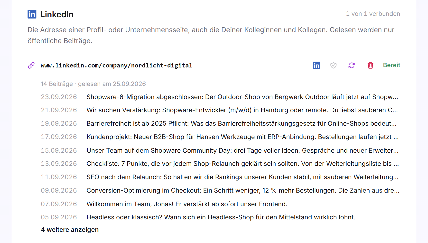Der Block LinkedIn mit einer verbundenen Unternehmensseite, den vier Symbolen, dem Status Bereit, der Zeile 14 Beiträge und den ersten zehn Beiträgen