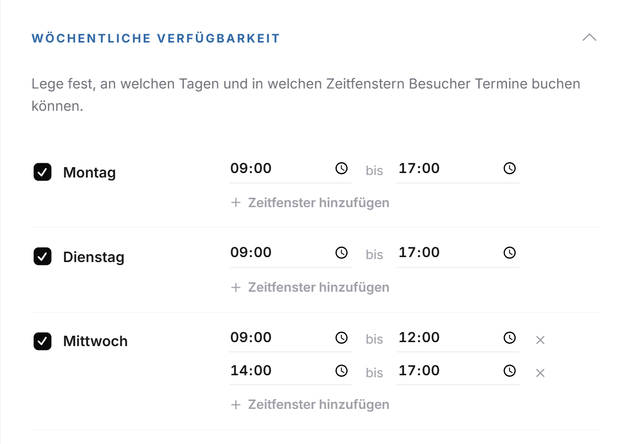 Die aufgeklappte wöchentliche Verfügbarkeit mit Zeitfenstern ab Montag, am Mittwoch mit zwei Fenstern
