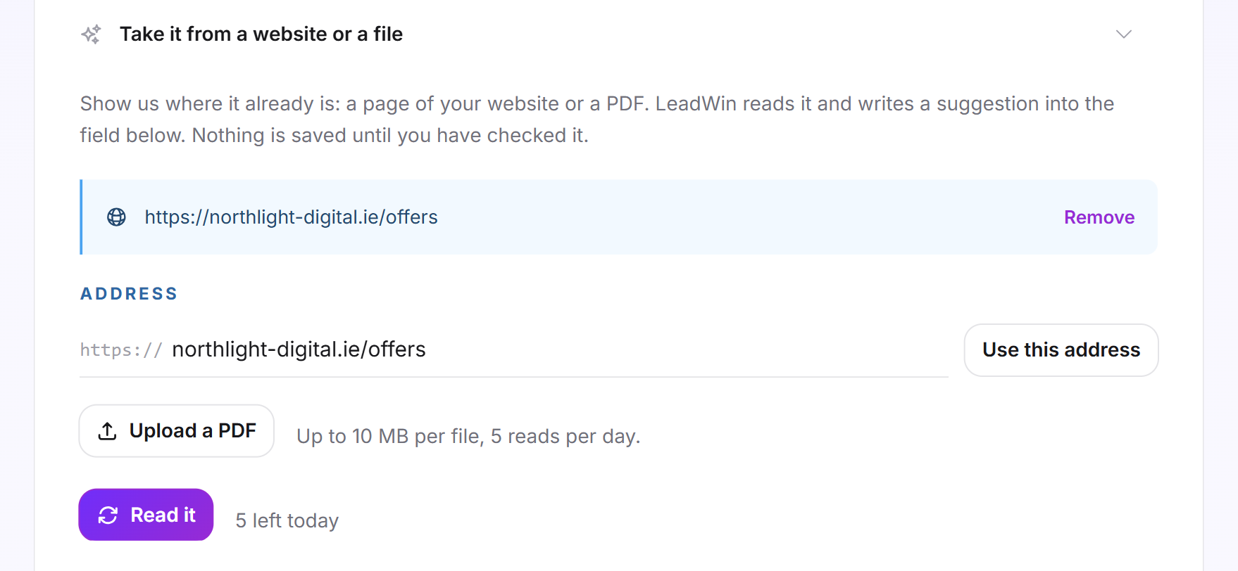 The section with a saved address, the Remove text link, the Read it button and the number of reads left