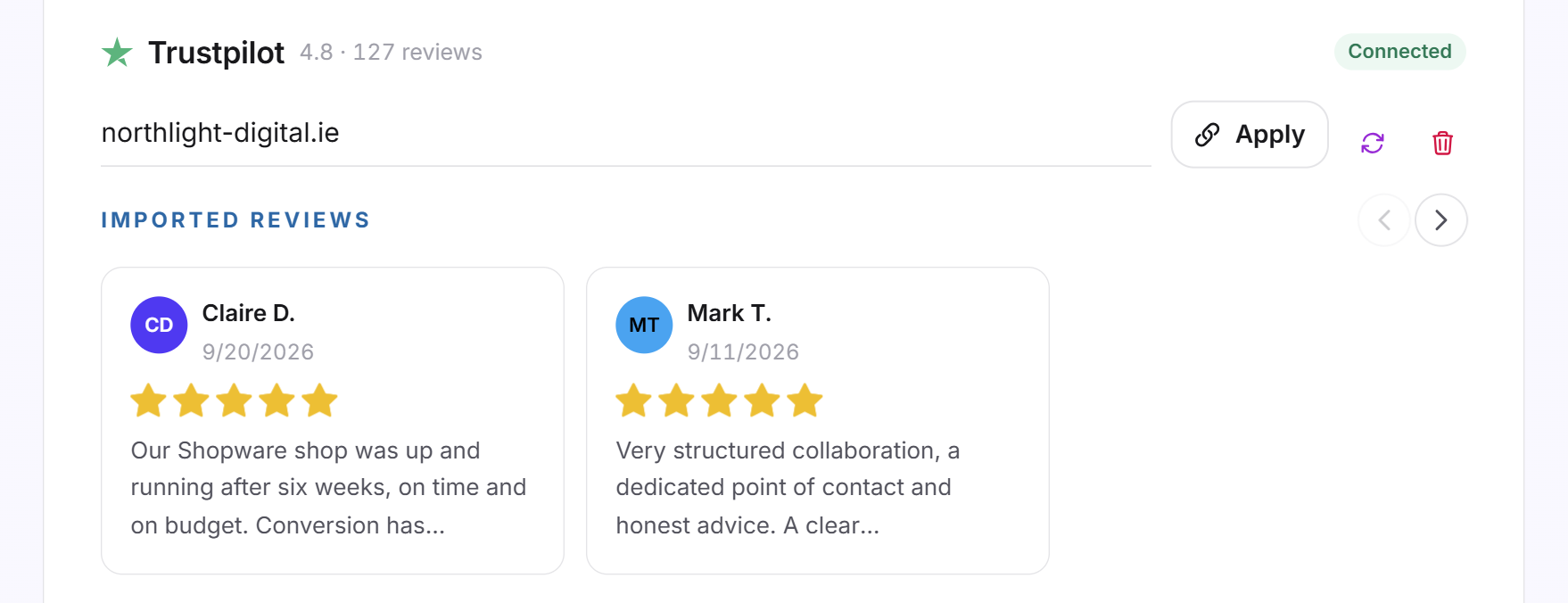 The connected Trustpilot row with rating, count, the Connected status, the icons to read again and disconnect and the first imported reviews