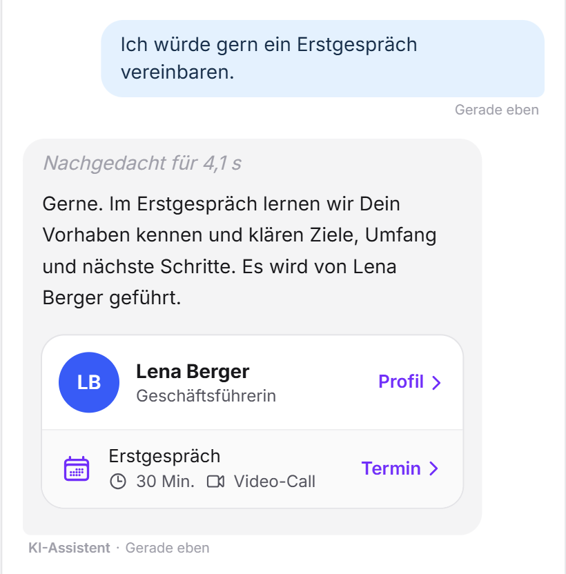 Ein Besucher möchte ein Erstgespräch vereinbaren. Der LeadWin-Agent stellt Lena Berger vor und zeigt darunter den Termin Erstgespräch mit 30 Minuten per Video-Call und dem Link Termin