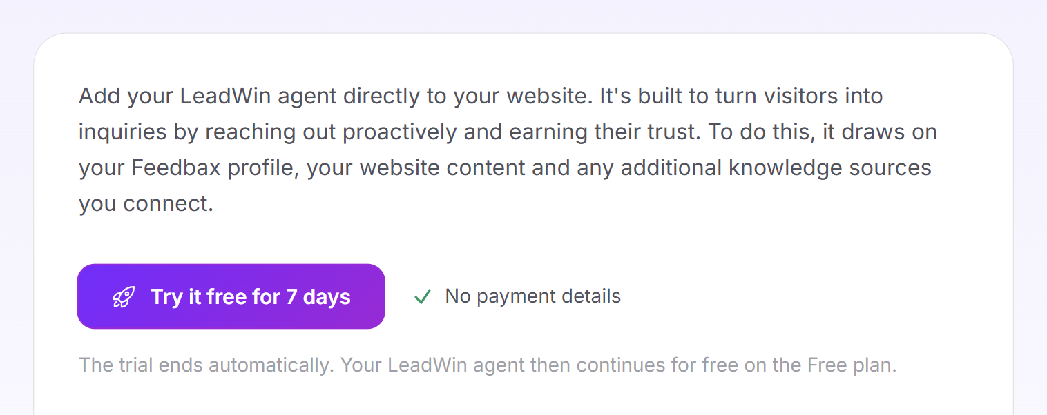 The creation screen with the introduction, the Try it free for 7 days button, the No payment details note and the sentence about the end of the trial