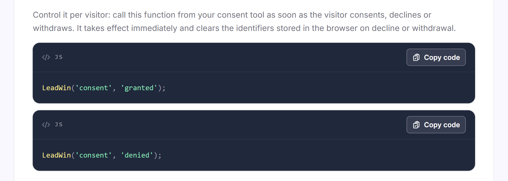 The note on per-visitor control with the two code lines for granted and denied and the Copy code buttons
