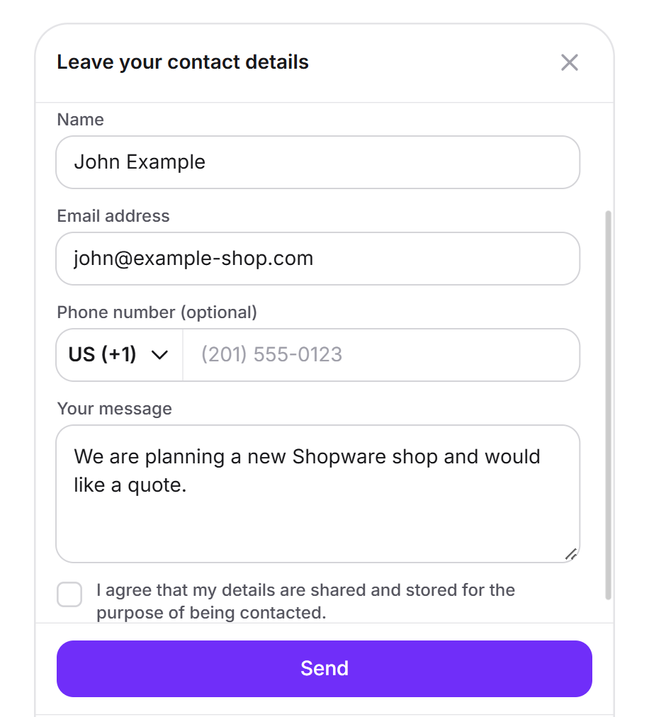 The Leave your contact details form with the fields Name, Email address, Phone number and Message, the consent and the Send button