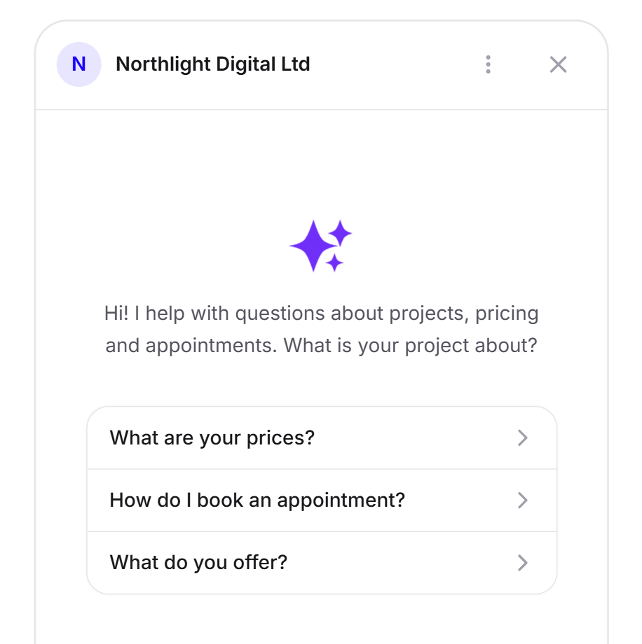 The Welcome screen view with the greeting and three conversation starters in the Northlight Digital chat