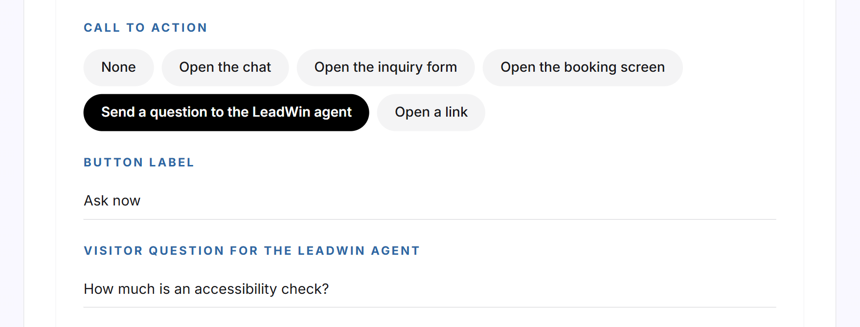 The Send a question to the LeadWin agent action with the button label and the visitor question filled in