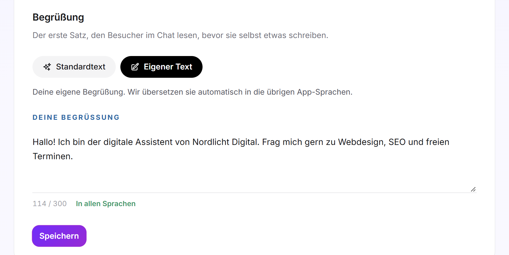 Der Reiter Begrüßung mit der Kachel Eigener Text, einer Begrüßung von Nordlicht Digital, dem Zeichenzähler und dem Status In allen Sprachen