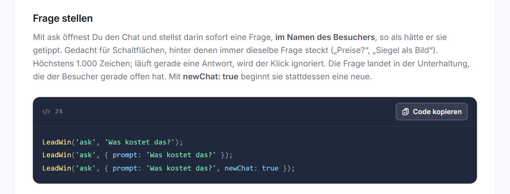 Die Karte Frage stellen mit drei Beispielen für den Befehl ask