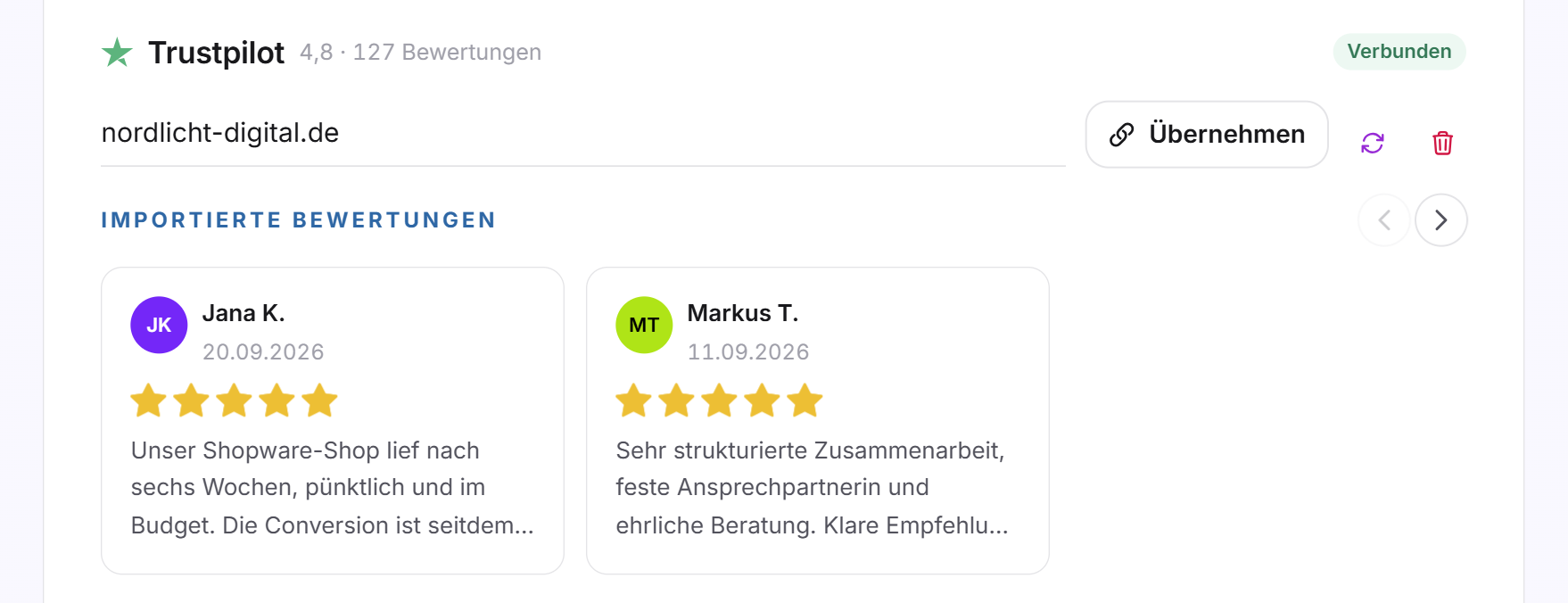 Die verbundene Zeile Trustpilot mit Note, Anzahl, dem Status Verbunden, den Symbolen zum Neu-Einlesen und Trennen und den ersten importierten Bewertungen