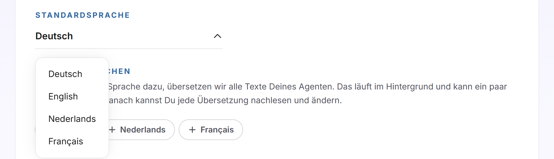 Das geöffnete Auswahlfeld Standardsprache mit Deutsch, English, Français und Nederlands