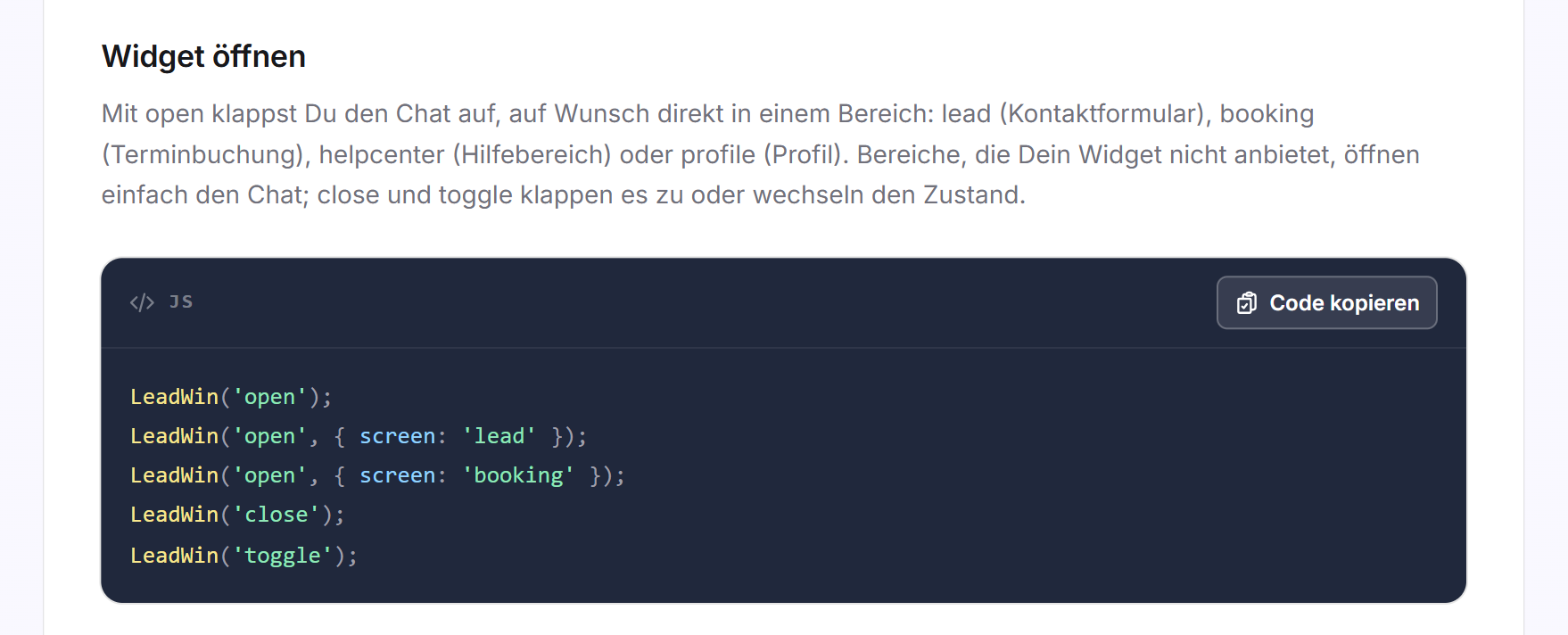 Die Karte Widget öffnen mit den Befehlen open, close und toggle als Codebeispiel