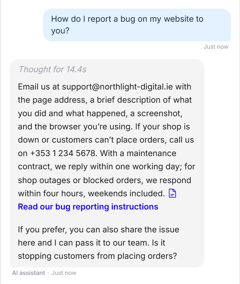 A visitor asks how to report a bug on their website. The LeadWin agent names the support address, the details to include and the emergency number and links the bug reporting guide