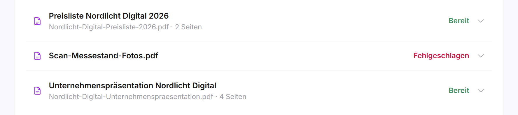 Die Dokumentenliste mit drei Einträgen, zwei davon Bereit und einer Fehlgeschlagen