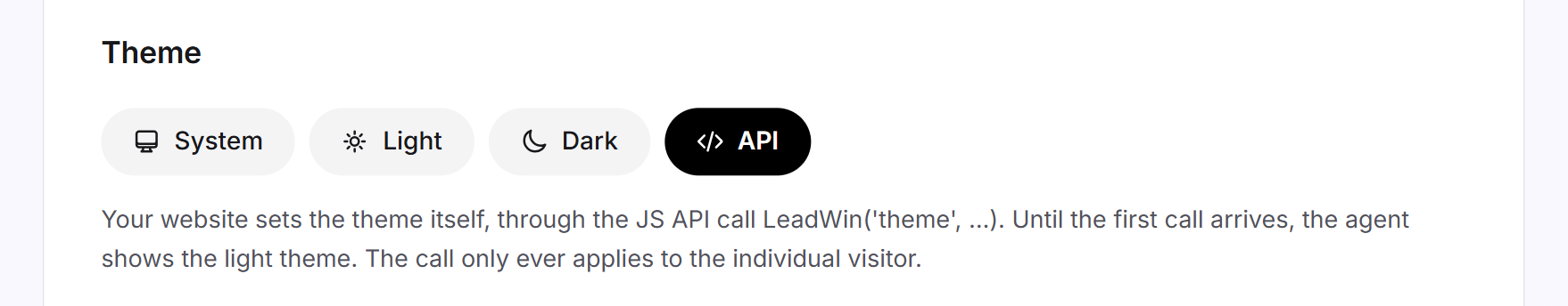 The four tiles under Theme, with the API tile selected and its note below