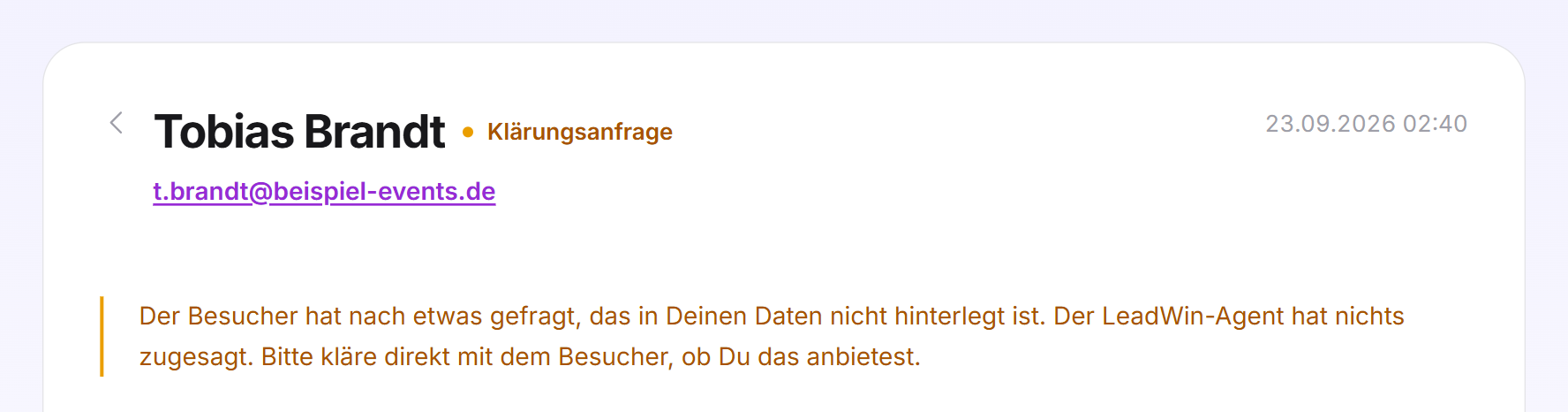 Eine geöffnete Klärungsanfrage mit dem gelben Hinweis, dass der LeadWin-Agent nichts zugesagt hat