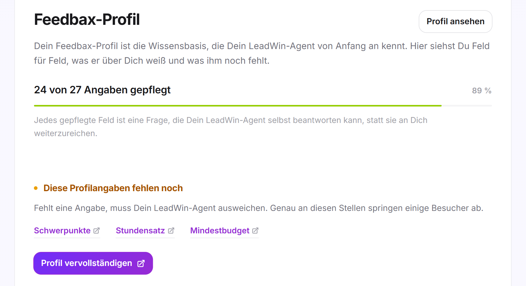 Die Seite Feedbax-Profil im Bereich Wissen mit dem Fortschritt der Angaben und den ersten Feldern