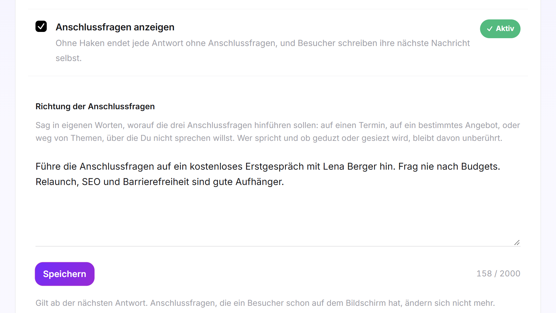 Die Karte Anschlussfragen mit gesetztem Haken, einer ausgefüllten Richtung der Anschlussfragen und dem Zeichenzähler