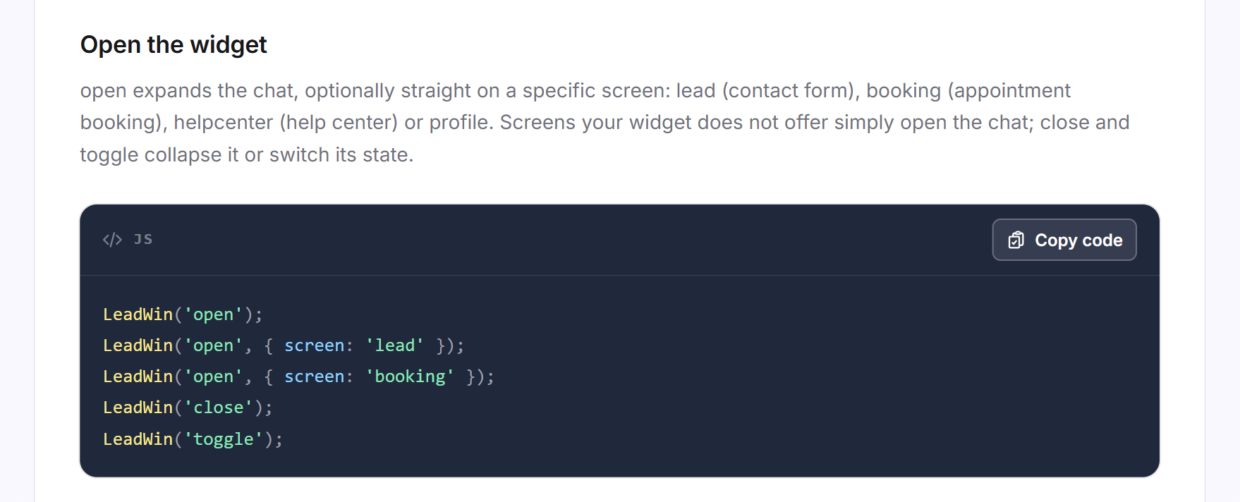 The Open the widget card with the open, close and toggle commands as a code example