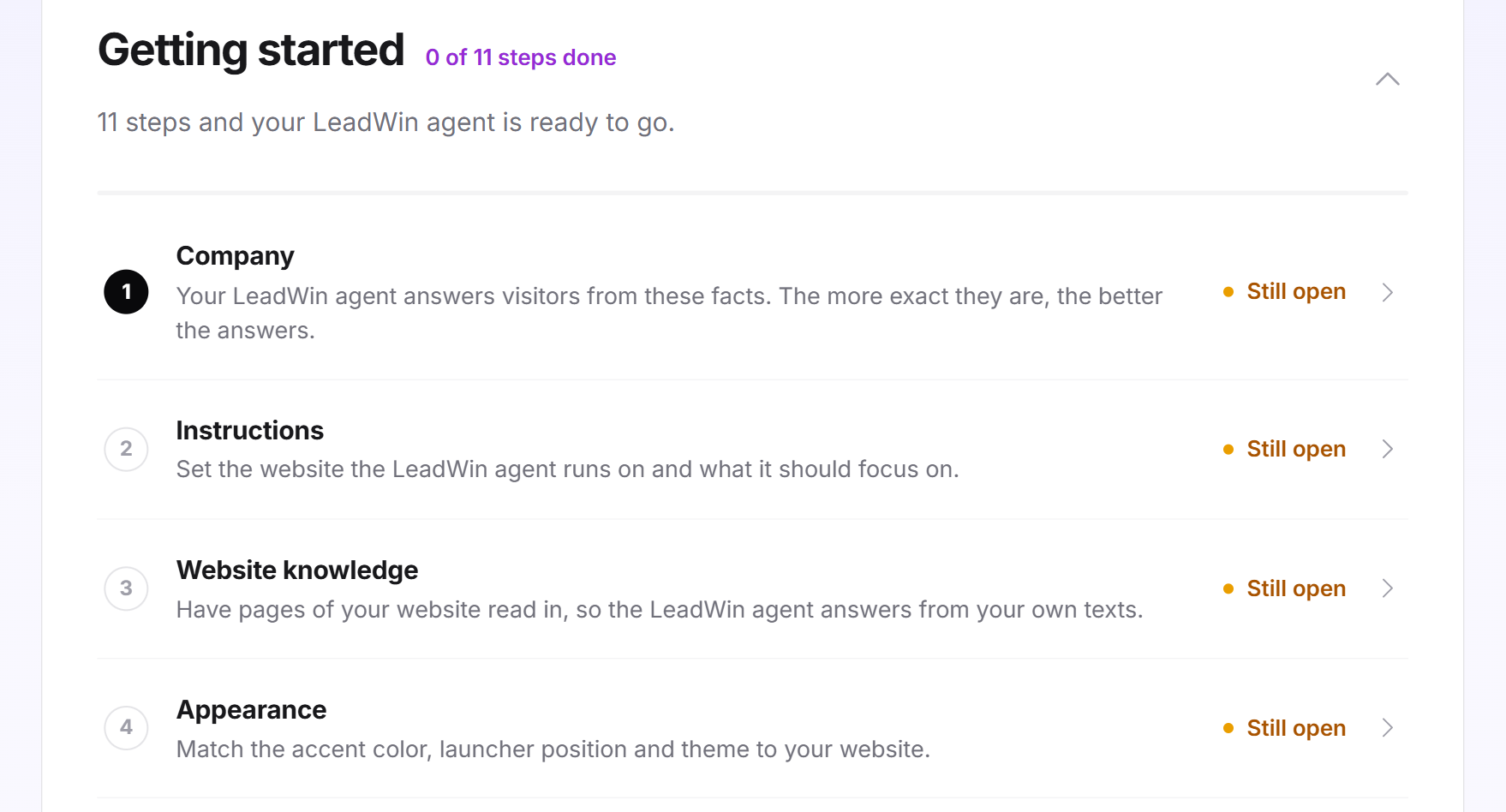The Getting started checklist with 0 of 11 steps done, the introduction and the first four steps
