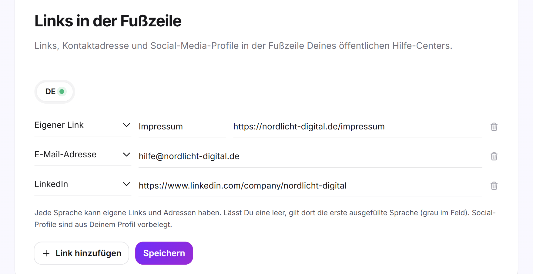 Der Reiter Links in der Fußzeile mit Sprachauswahl, drei Links und dem Hinweis zur Übernahme leerer Sprachen