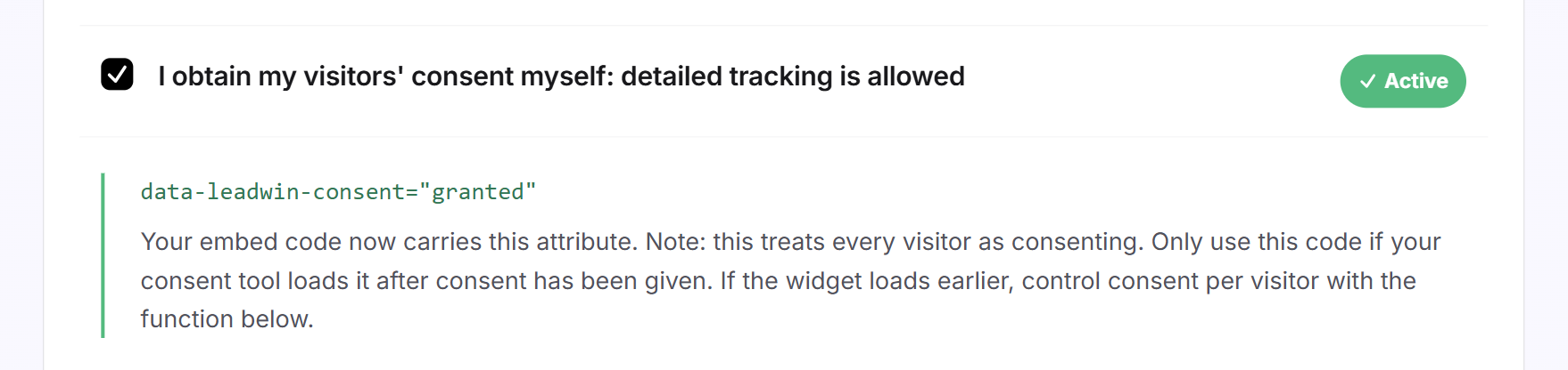 The ticked checkbox with the green line showing the data-leadwin-consent attribute and the warning that goes with it
