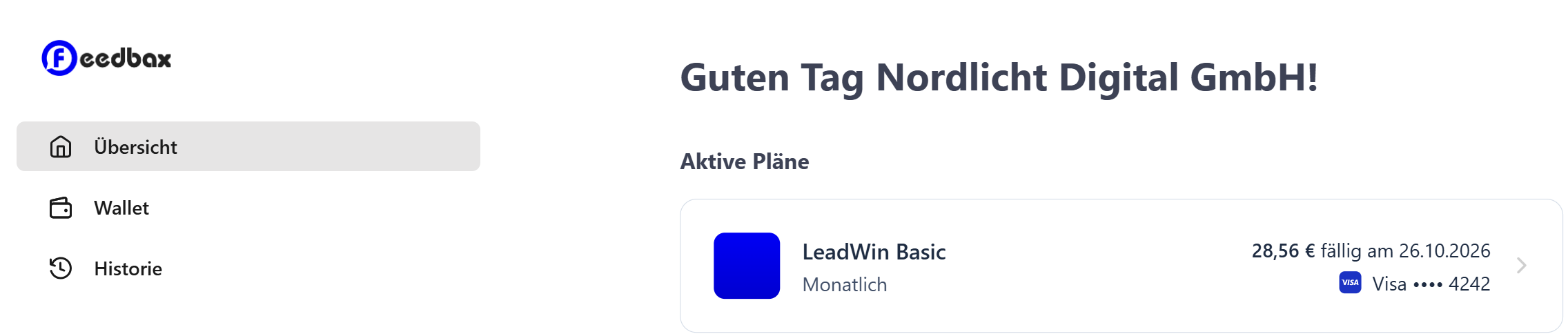Das Kundenportal mit dem Feedbax-Logo, den Bereichen Übersicht, Wallet und Historie und dem aktiven Abo LeadWin Basic
