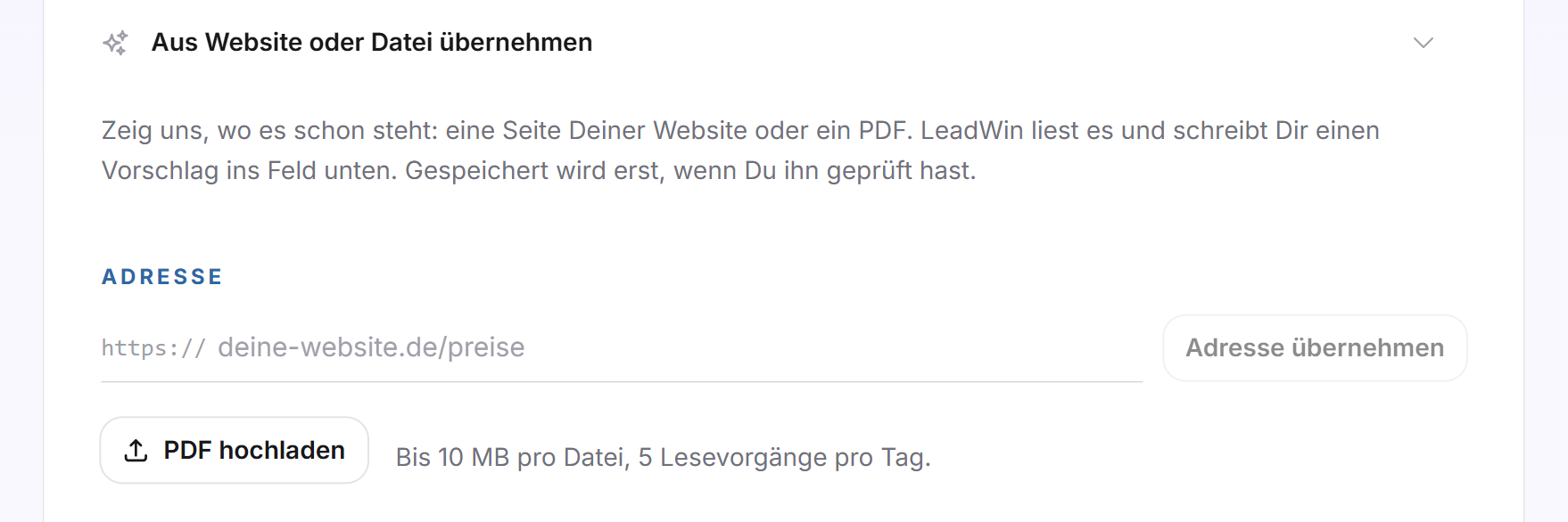 Der aufgeklappte Bereich Aus Website oder Datei übernehmen mit dem Adressfeld, der Schaltfläche Adresse übernehmen, der Schaltfläche PDF hochladen und der Grenze von 10 MB und 5 Lesevorgängen pro Tag