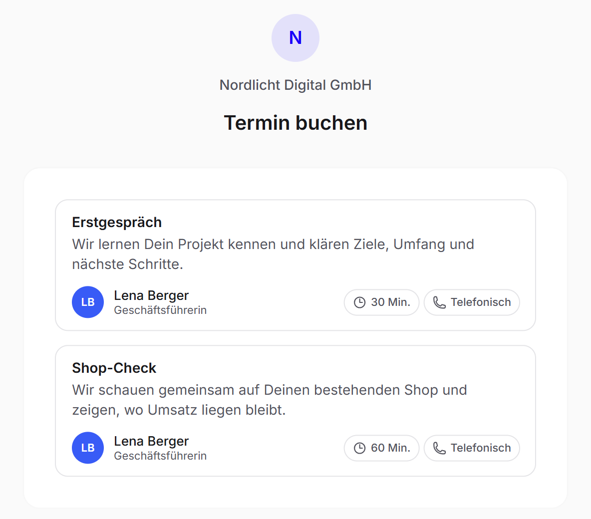 Die öffentliche Buchungsseite von Nordlicht Digital mit Zeichen, Namen, Überschrift und der Auswahl der Ereignistypen