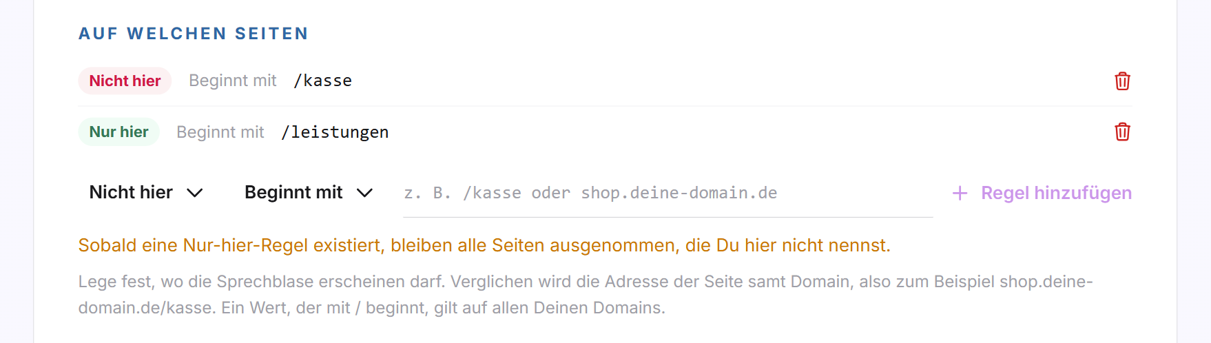 Die Seitenregeln mit einer Regel Nicht hier für /kasse, einer Regel Nur hier für /leistungen und dem gelben Hinweis zu Nur-hier-Regeln