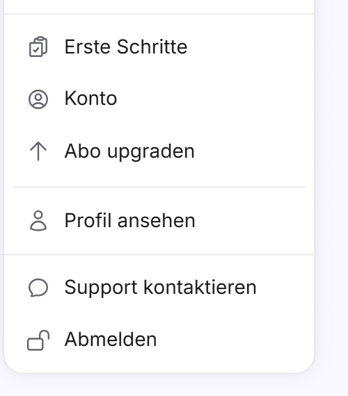 Die Einträge des Kontomenüs Erste Schritte, Konto, Abo upgraden, Profil ansehen, Support kontaktieren und Abmelden