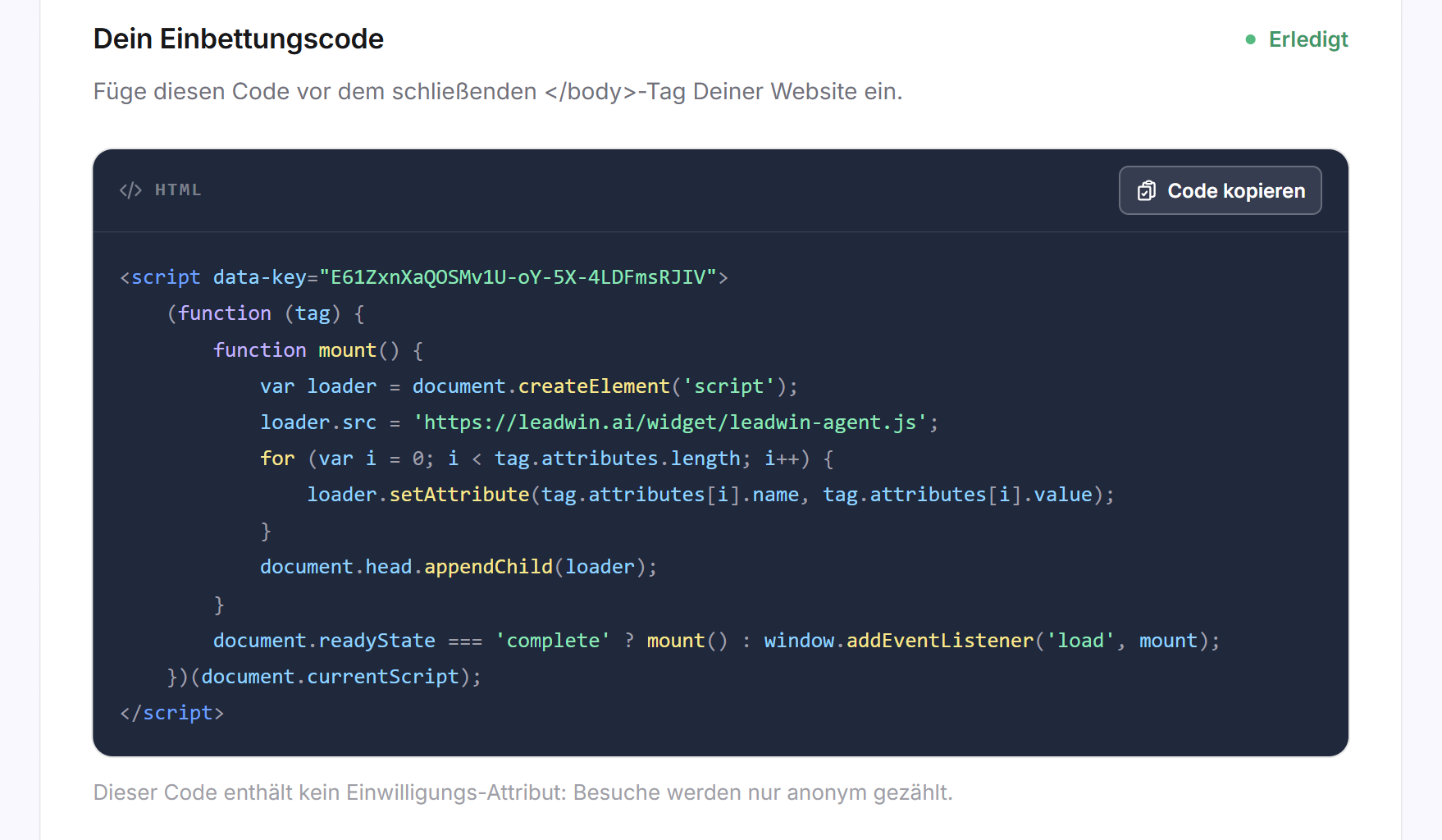 Die Karte Dein Einbettungscode mit dem Codeblock, der Schaltfläche Code kopieren und dem Hinweis zum Einwilligungs-Attribut