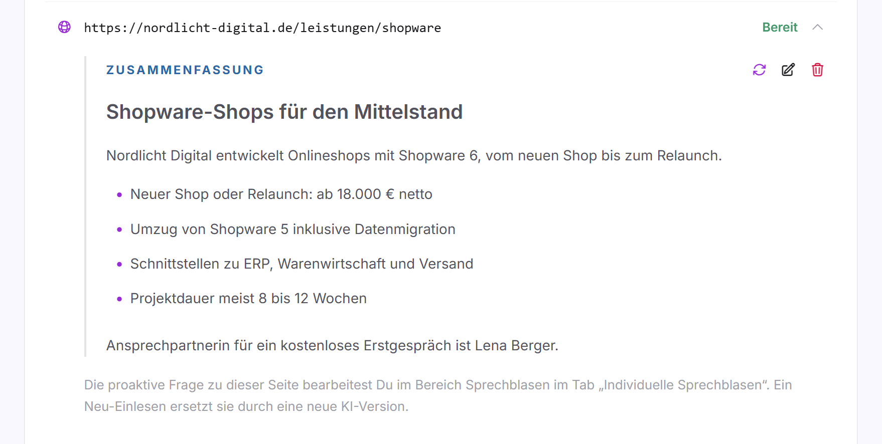 Eine aufgeklappte vertiefte Seite mit Adresse, Status Bereit, Zusammenfassung und den Symbolen Aktualisieren, Bearbeiten und Löschen