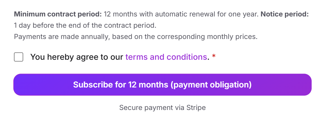 The lower part of the payment step with the minimum term, the notice period, the checkbox for the terms and conditions and the Subscribe for 12 months button