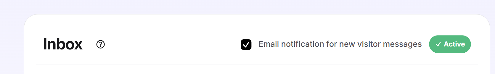 The Email notification for new visitor messages checkbox at the top right of the Inbox
