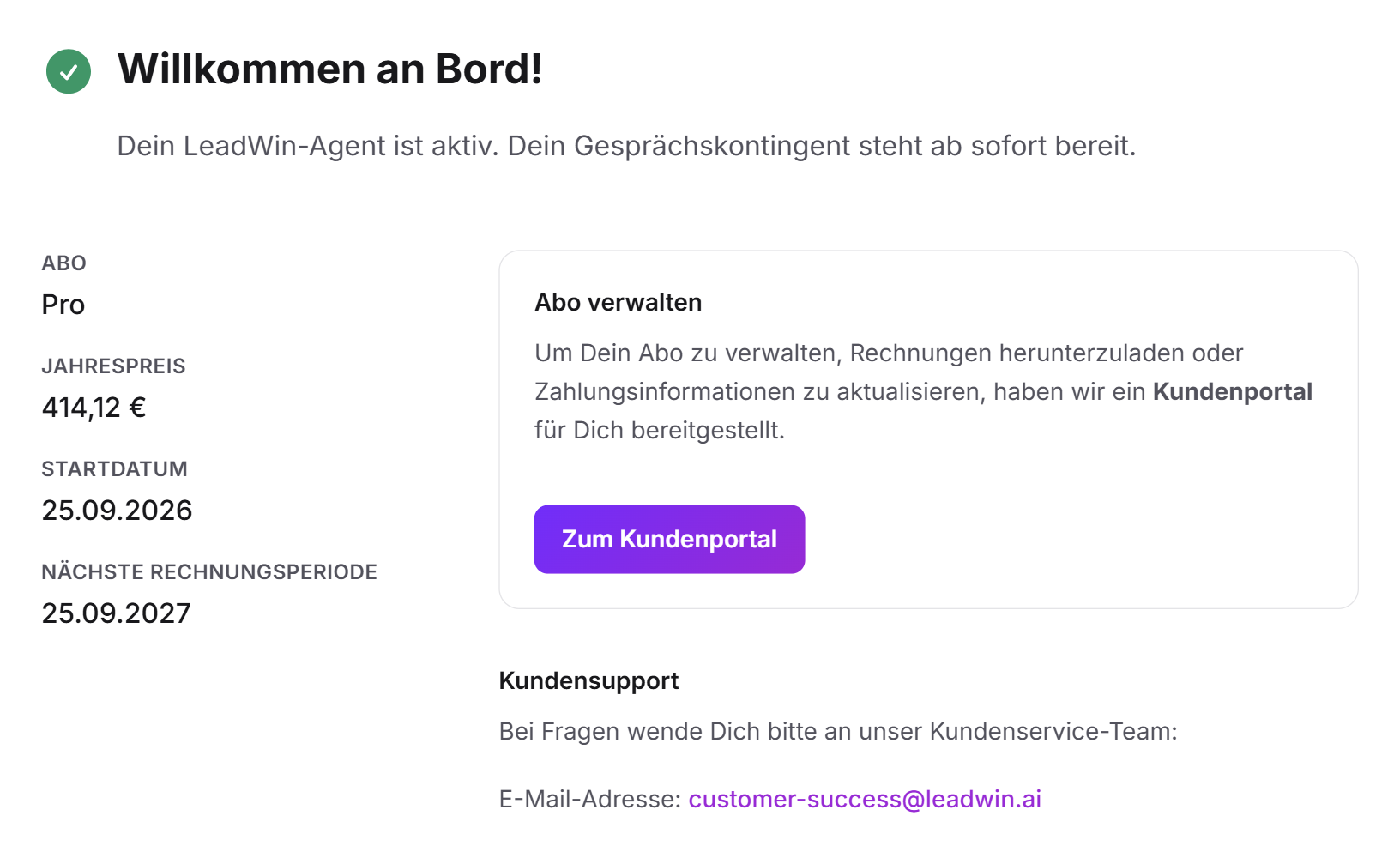 Die Bestätigung Willkommen an Bord mit Abo, Jahrespreis, Startdatum, nächster Rechnungsperiode und der Box zum Kundenportal