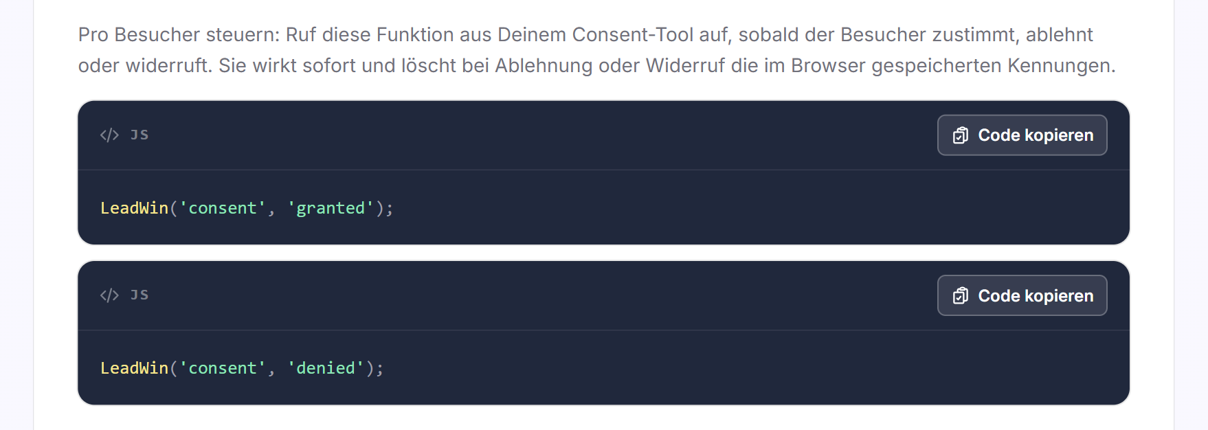 Der Hinweis zur Steuerung pro Besucher mit den beiden Codezeilen für granted und denied und den Schaltflächen Code kopieren