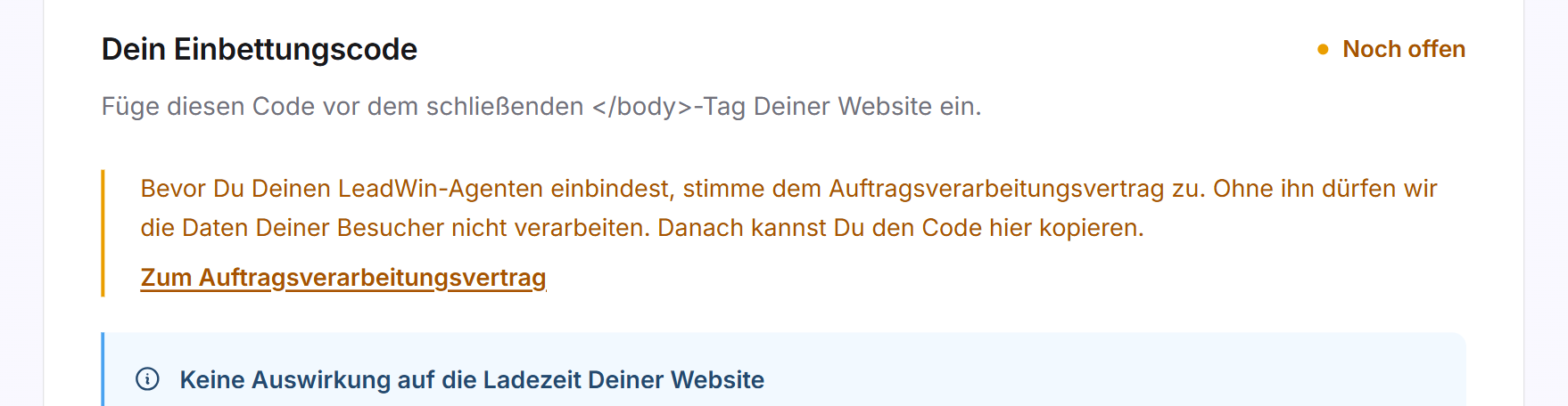 Der gelbe Hinweis in der Karte Dein Einbettungscode, dass Du vor dem Einbinden dem Auftragsverarbeitungsvertrag zustimmst, mit dem Link Zum Auftragsverarbeitungsvertrag
