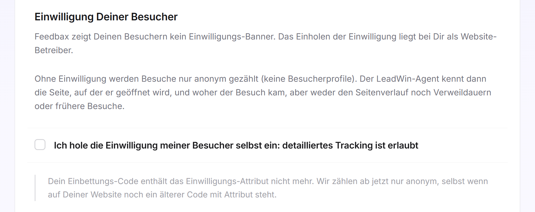 Die Karte Einwilligung Deiner Besucher mit Erklärung, nicht gesetztem Häkchen und grauem Hinweis zum anonymen Zählen